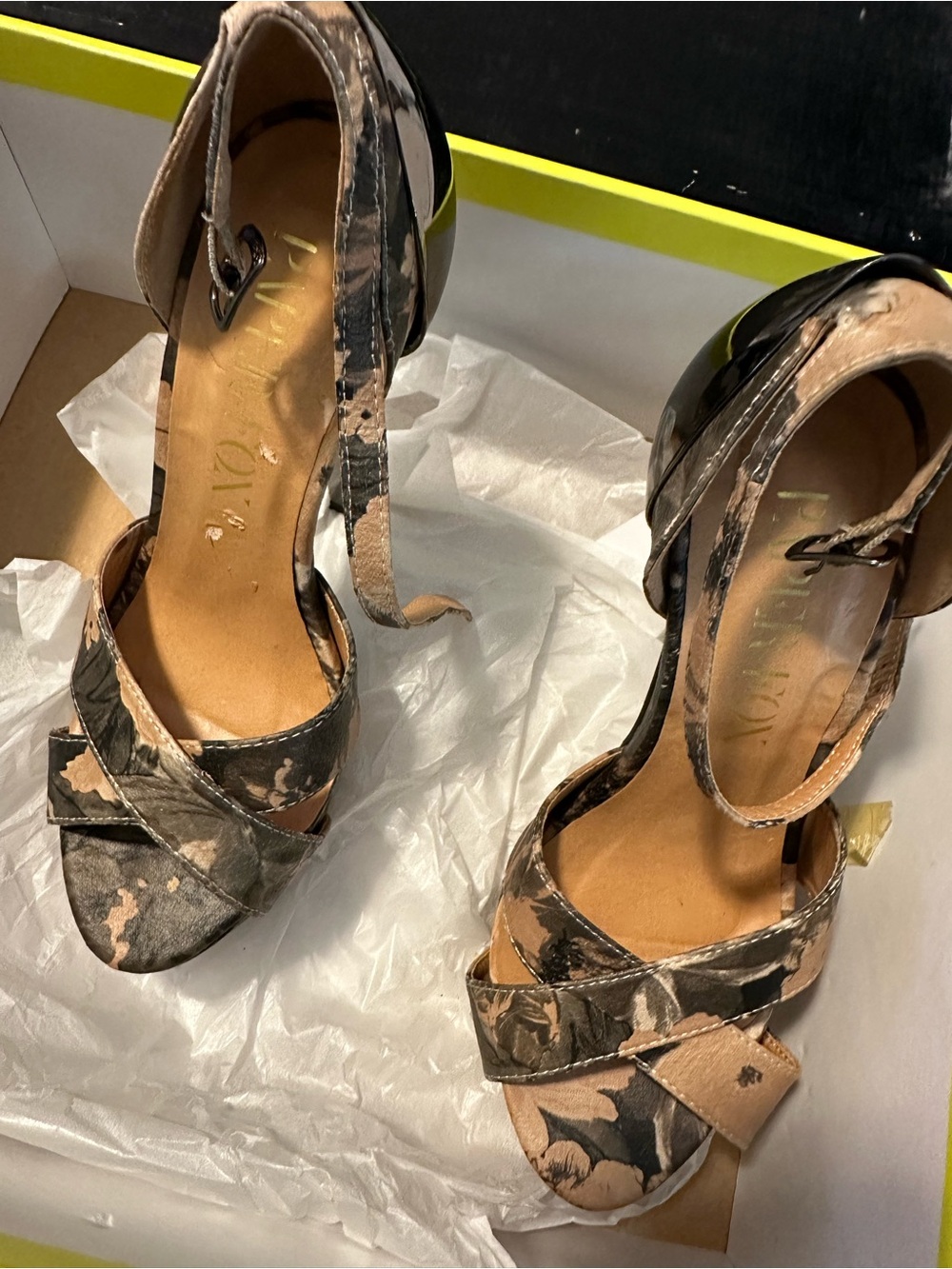 Paper Fox Black & Beige Patterned Ankle-Strap Heels